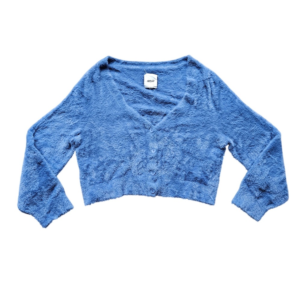 Aerie Blue Fuzzy Eyelash Knit Cropped Cardigan Sweater Large Button Front Size L